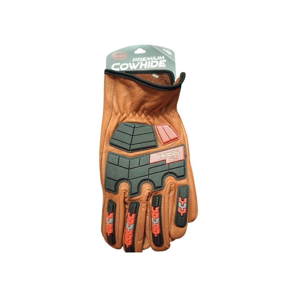 Boss Premium Cowhide Tan and Black Ergonomic Gloves with Reinforced Palm, NWT
